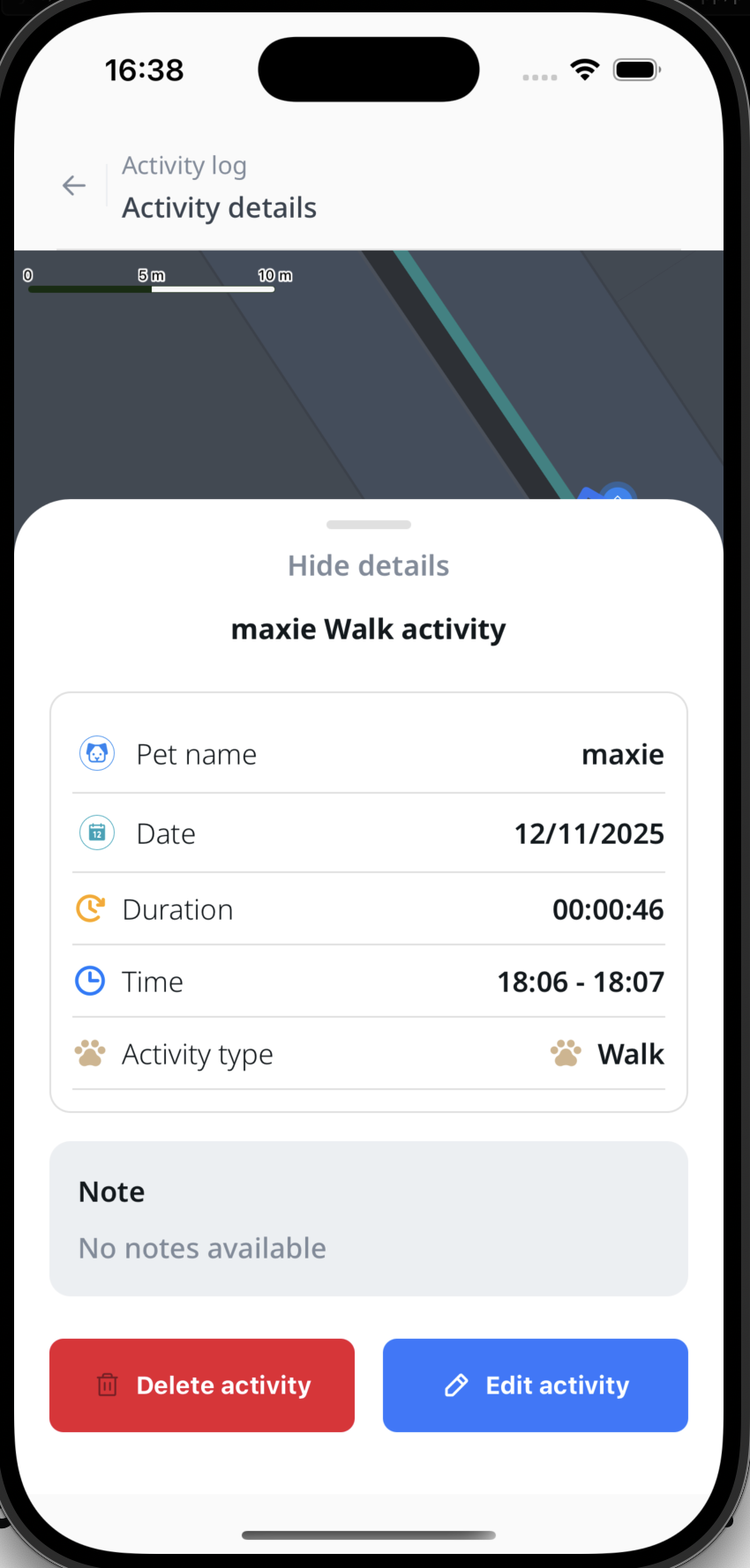 Petezy activity detail sheet showing walk data and controls